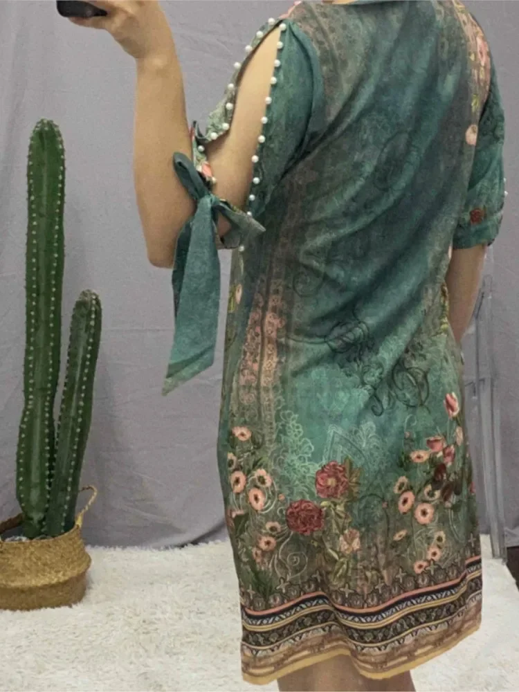 Frauen Floral Print Split Ärmeln Perlen Dekor Mini Kleid Neue Frühling Sommer Halbarm Kurze Beiläufige Lose Kleider Femme Robe