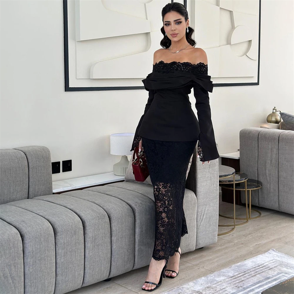 

Tarot Saudi Arabia Off Shoulder Long Sleeves Prom Dresses Boat-Neck Lace Appliques Evening Gowns Black Ankle Length فساتين سهرة