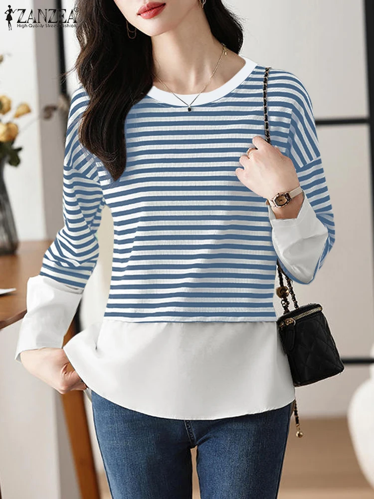 Zanzea feminino listra impresso blusas casuais solto manga longa topos elegante o pescoço simples blusa moda costura 2024 outono t