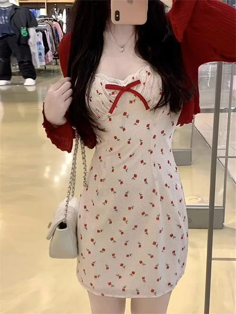 Sweet 2 Piece Dress Set Woman Red Long Sleeve Cardigan + Strap Floral Y2k Mini Dress Party Korean Fashion Suit 2023 Autumn Chic