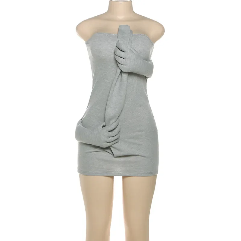 여성 패션 섹시하고 독특한 스테레오 그립퍼 스트랩리스 바디콘 미니 드레스 민소매 백리스 피치 힙 나이트 클럽웨어 베스티도스