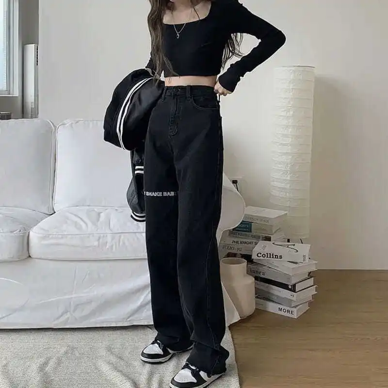 Schwarz Frauen Hosen Hohe Taille Y2k Streetwear Vintage Hose 2023 Frühling Korean Fashion Casual Lose Breite Bein Jeans