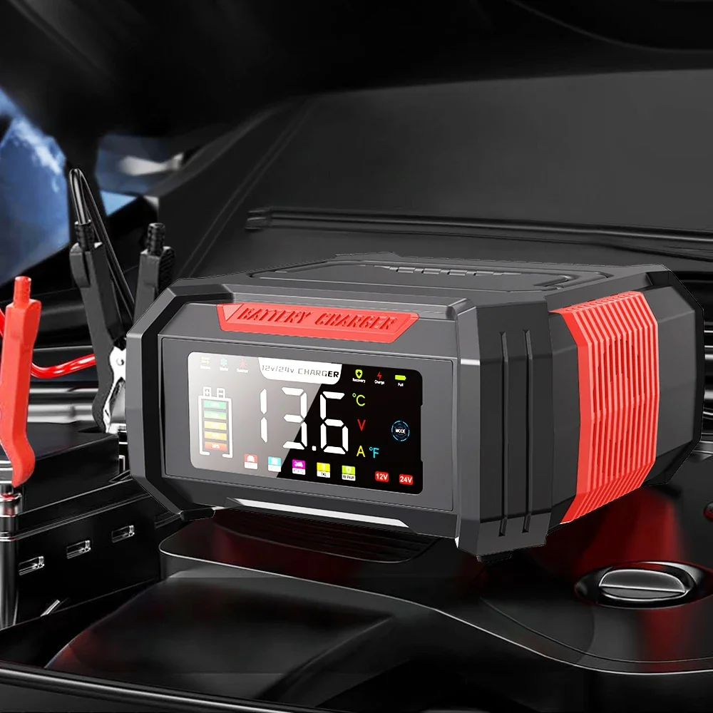‌ Universelles 12V/24V Smart-Batterieladegerät mit Großbildschirm – Impulsreparatur & Temperaturkompensation für Auto, Motorrad, LKW, SUV, Boot & Start-Stopp-Batterie (AGM/EFB/GEL)