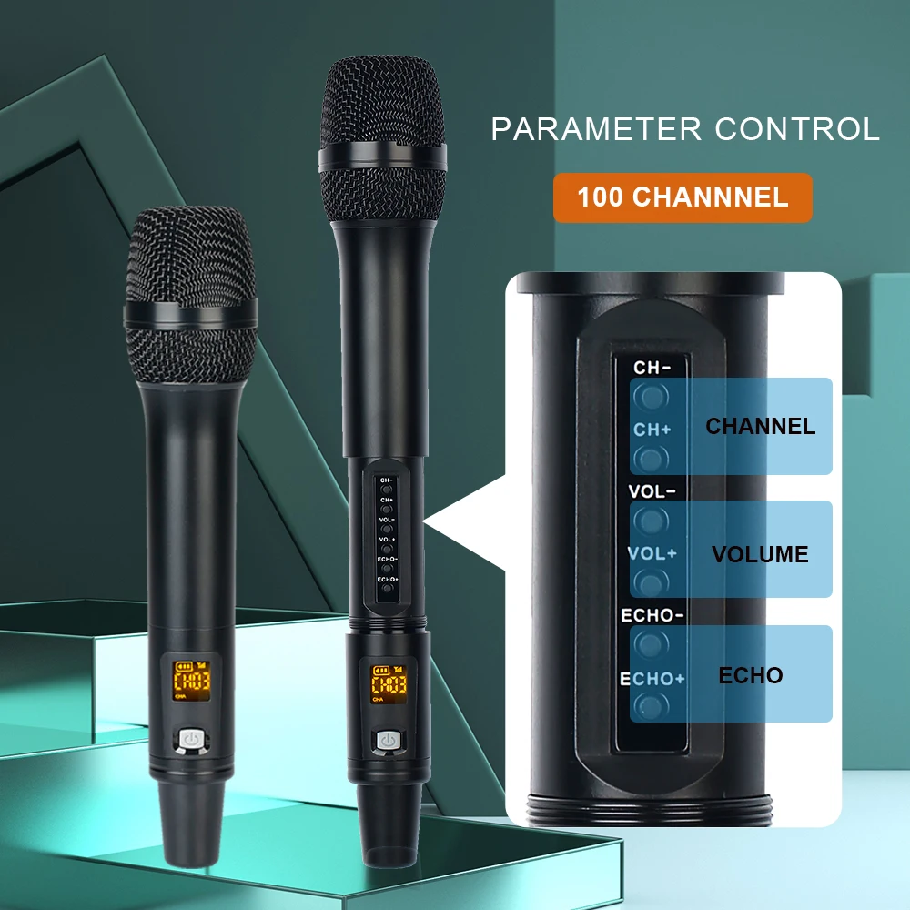 100 Channel with Reverb Control UHF Metal Portable Outdoor Wireless Microphone