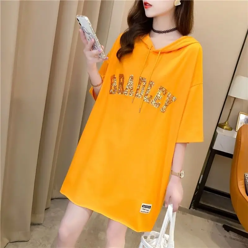 Fashion Loose Sequined Letter Hooded Sweatshirts Female Clothing 2024 Summer New Oversized All-match Tops Casual Sweatshirts