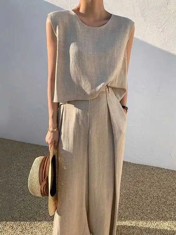 

Spring Summer Color Cotton Linen Two Piece Set Women's Faion Chic Tee Piece Suit Winter Collection for Middle-Aged Women