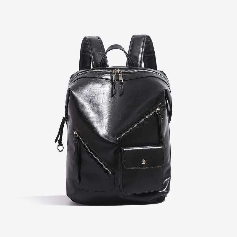 Men Black PU Leather Backpack with Diagonal Zipper Geometric Design Casual Travel Daypack School Bag for Daily Work