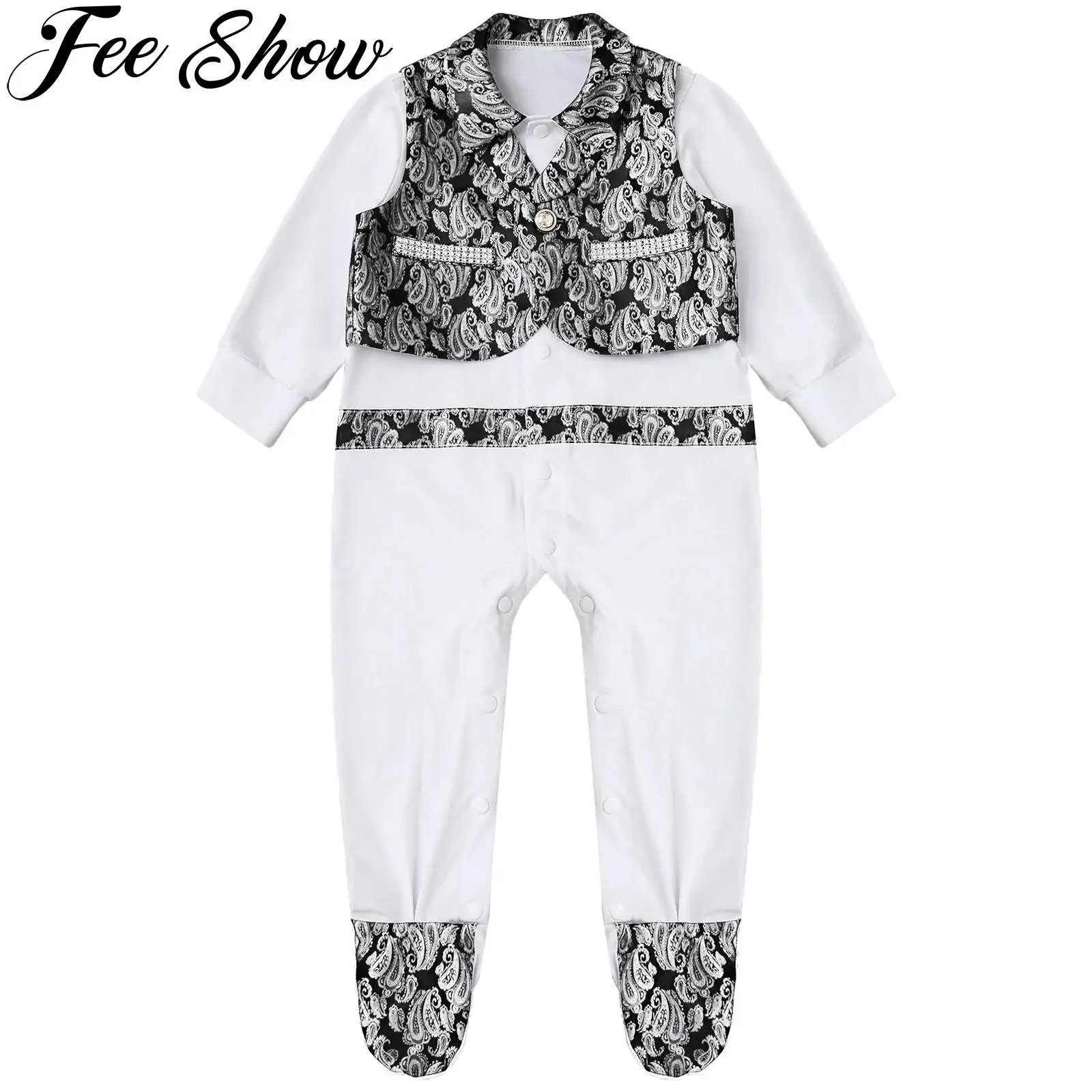 

Baby Boys Baptism Gentleman Outfits Long Sleeve Romper with Jacquard Tuxedo Vest Set Christening Wedding Party Infant Clothing