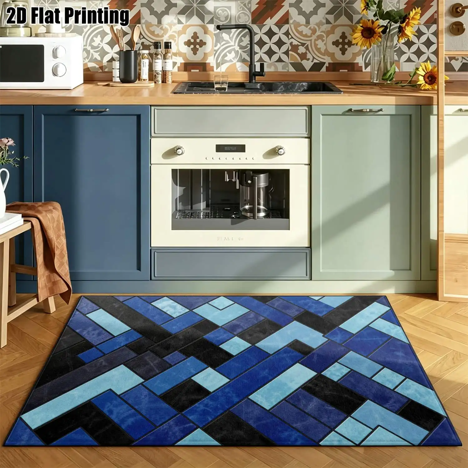 1Pc 2D Printed Geometric Patchwork Carpet, Blue & Black Modern Simple Rug for Instagram/Nordic Decor, Multiple Sizes, Machine Washable, Ideal for Entryway, Dining Room, Foyer, Study, Living Room, Bedroom.