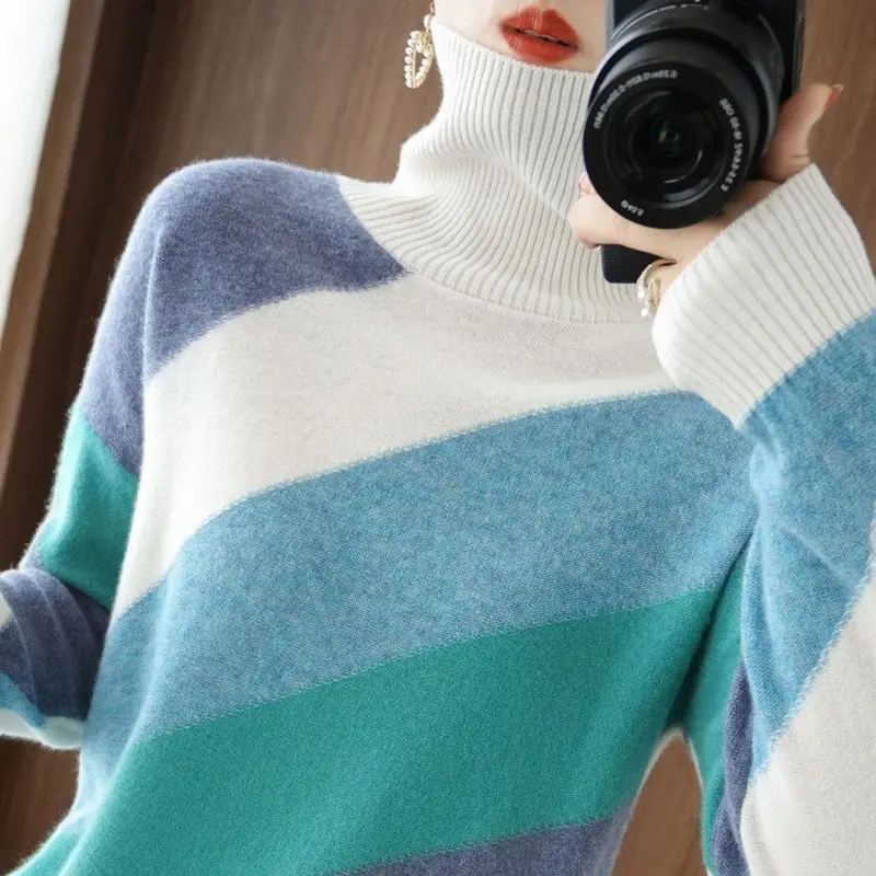 Autumn and Winter Women\'s Contrast Color High Neck Long Sleeve Loose Knitted Sweaters Jumpers Chic Fashion Office Lady Tops