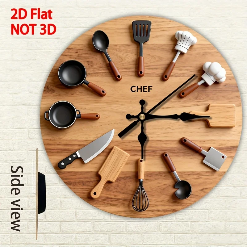 1 Chef Themed Kitchen Wall Clock 10inch Large Round Decoration, Cooking Tool Design(Pots, Pans, Knives