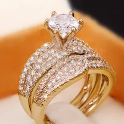 Huitan Classic Luxury 2Pcs Set Rings for Women Gold Color/Silver Color Double Wear Female Finger Rings Wedding Bands Jewelry Hot