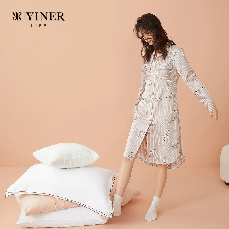 Women's autumn mid-length shirt-style nightgown, also suitable for wearing outside