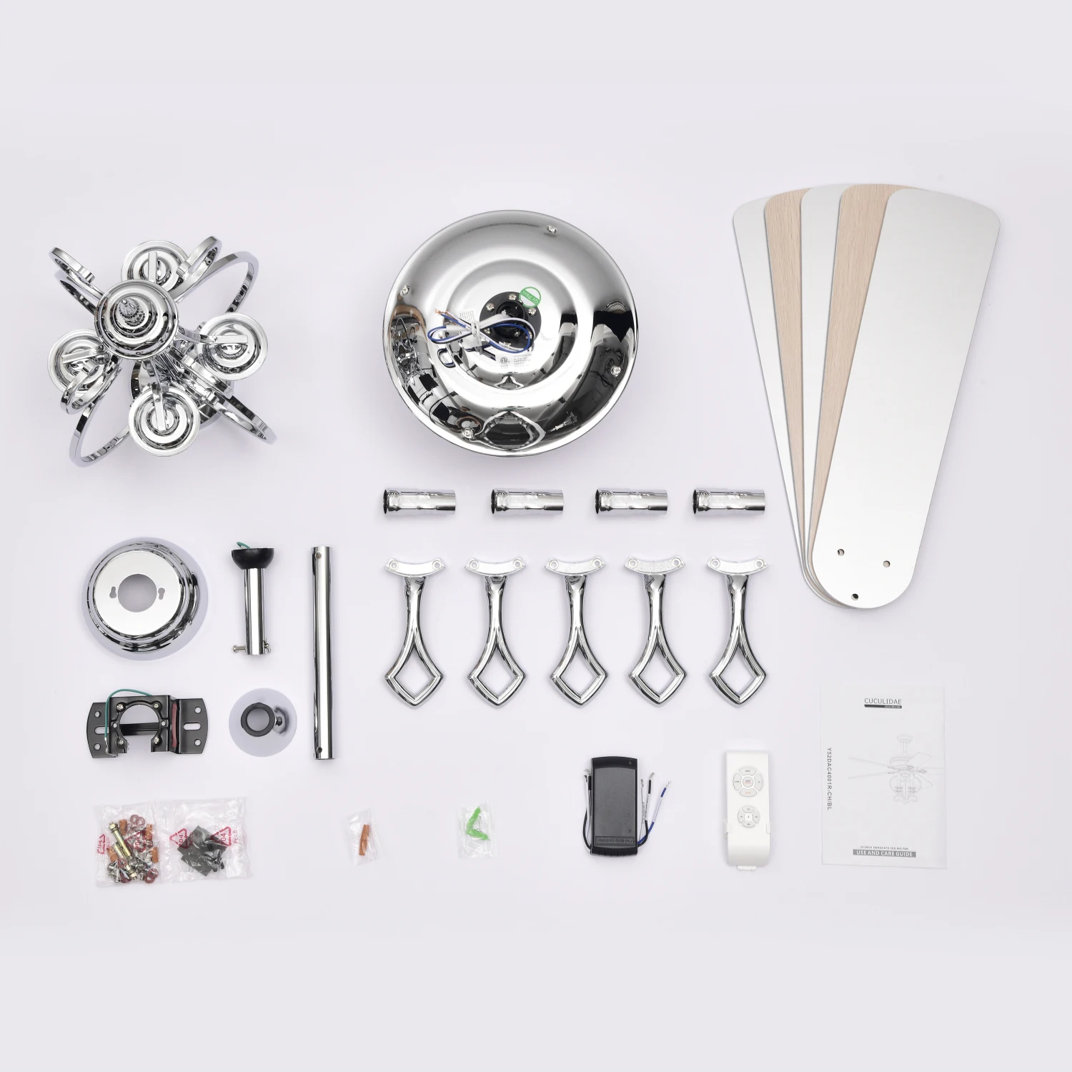 52" 4-Light Ceiling Fan w/ 5 Wood Blades, Remote Control, Reversible Airflow, 3-Speed, Adjustable Height (Silver)