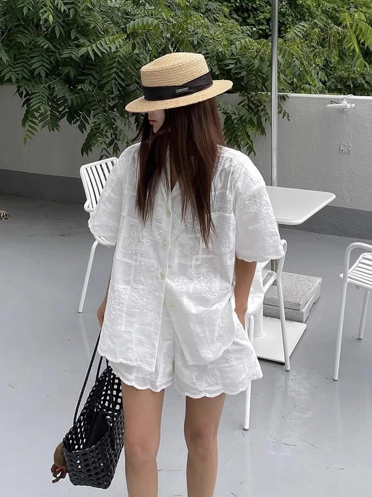 

Gagarich Vacation Heavy Industry Embroidery Jacquard Short Sleeved Shirt Jacket Women Summer New High Waisted Lace Short Pants