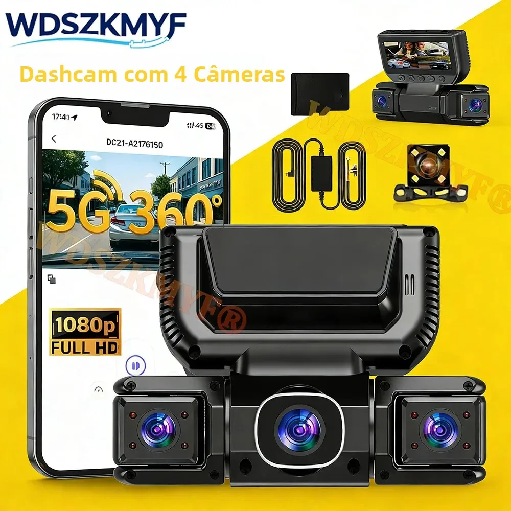 Câmera Veicular 4 Vias 360 Graus com 4 Câmeras (Frente, Esquerda, Direita e Traseira) com WIFI, Gravador de Vídeo 1080P, DVR Automotivo com Kit de Hardware 24H.
