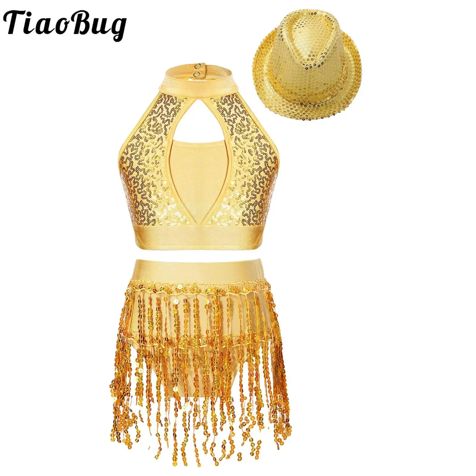 

Kids Girl 3Pcs Latin Jazz Dance Dress Outfit Sequins Tassels Leotard Skirt+Crop Tops Set for Hip Hop Chacha Samba Rumba Costume