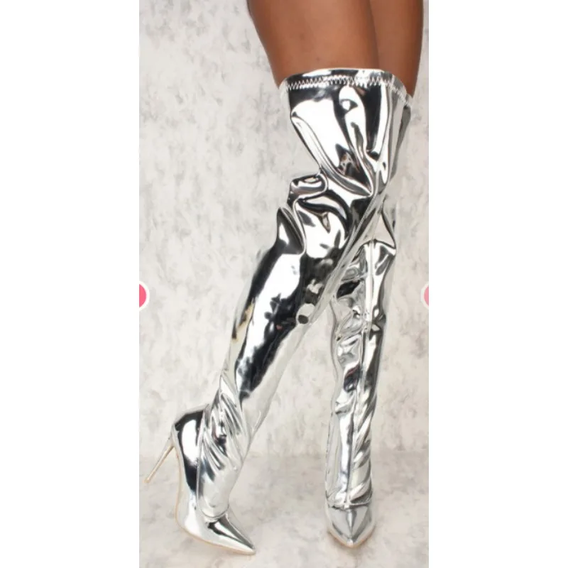 

Women Sexy Silver Mirror Thigh High Boots T Show Pointy Toe Club Party Shoes Thin High Heels Over The Knee Long Boots for Women