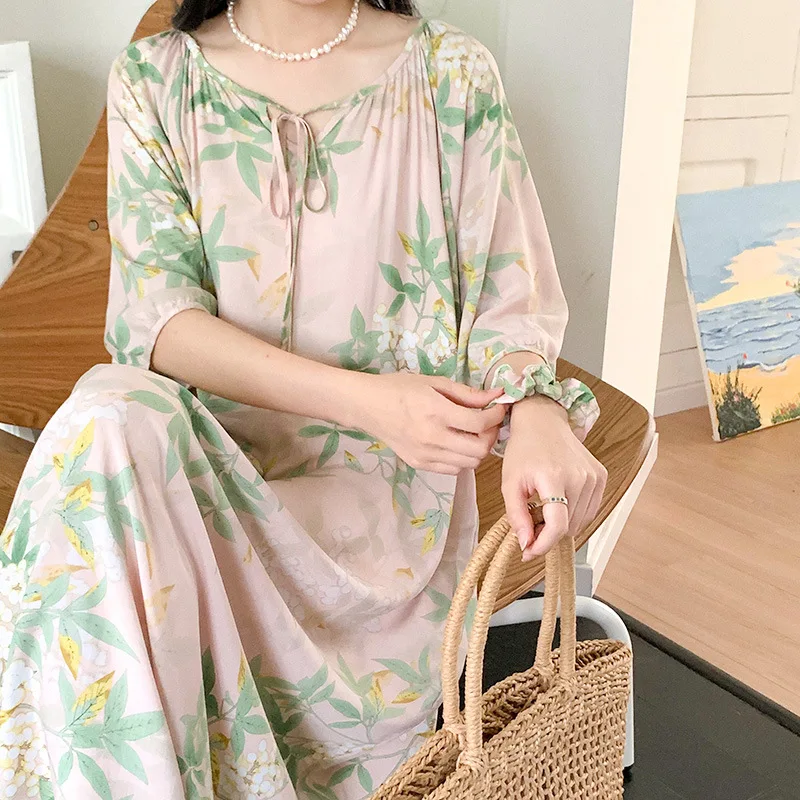 Viscose Women Long Nightgown Spring Summer Sleepwear Half Sleeve Nightdress Loungewear Loose Casual Nightwear Home Dressing Gown