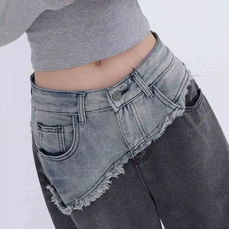 Tide Jeans Female American Washed Old Gradient Splicing Design Sense of Wide-leg Jeans Fall and Winter New Loose Straight Pants