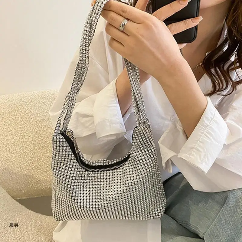 D0UD Fashion Rhinestones Evening Bag Purses Silver Shiny Underarm Bag Shoulder Bag Handbag Evening Bags for Women