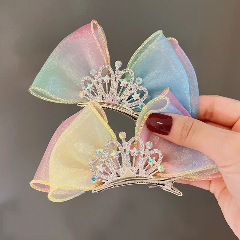 Pastel Rainbow Hair Bows Gradient Color Princess Crown Hair Clips Standing Bowknot Hairpin Kids Barrette Korean Hair Accessories