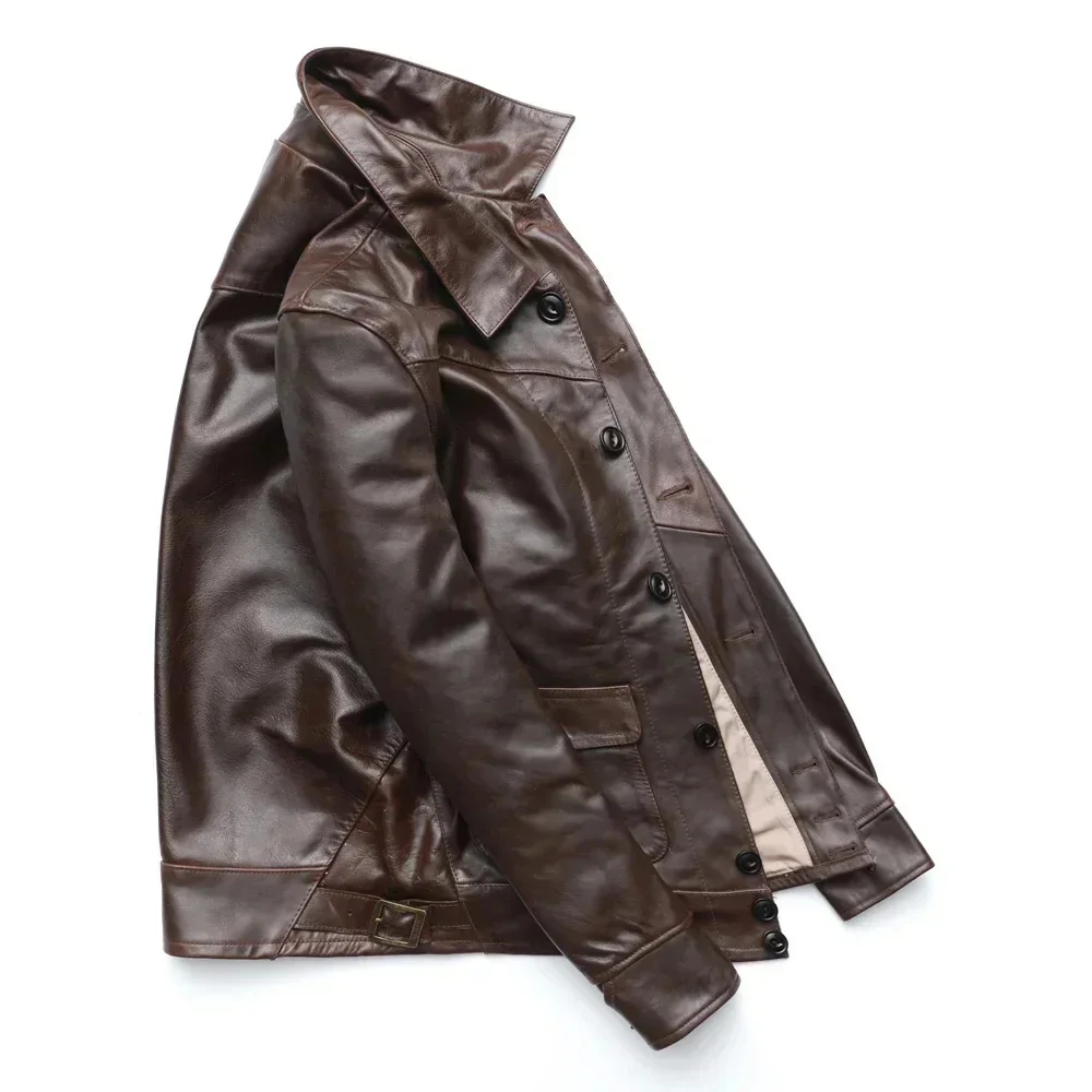 Men Leather Jacket Thick Turn Down Collar Dark Brown Solf Oil Wax Cowhide Skin Winter Coat Asian Size M-3XL M505