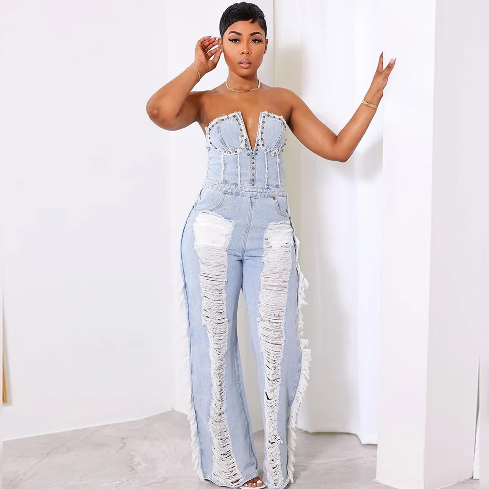 ladies blue off shoulder overall jeans fall woman flare rompers bodycon wideleg strapless one piece denim jumpsuits for women