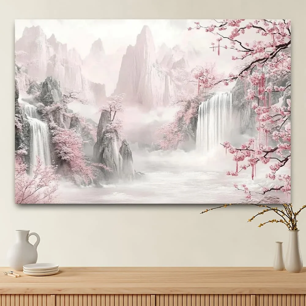 1pc Cherry blossom waterfall print tapestry, polyester fabric, machine washable, suitable for bedrooms and living rooms. - Detail 1