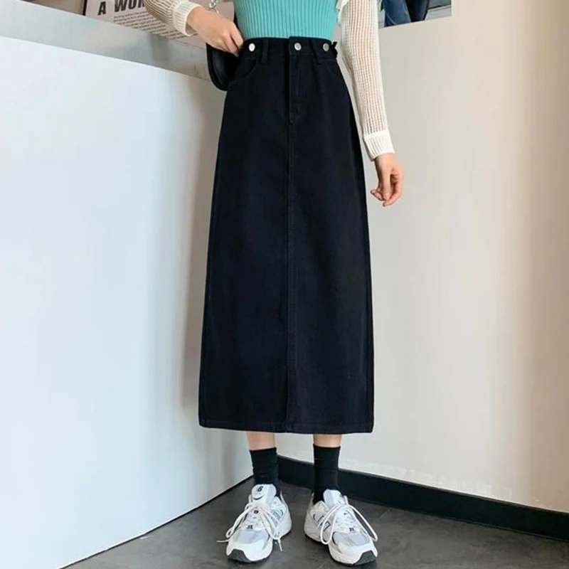Summer Lady Designer High Waist Back Slit Skirts Hot Sale Girls Thin Mid-Long Skirts Women Korean Fashion Denim Dress