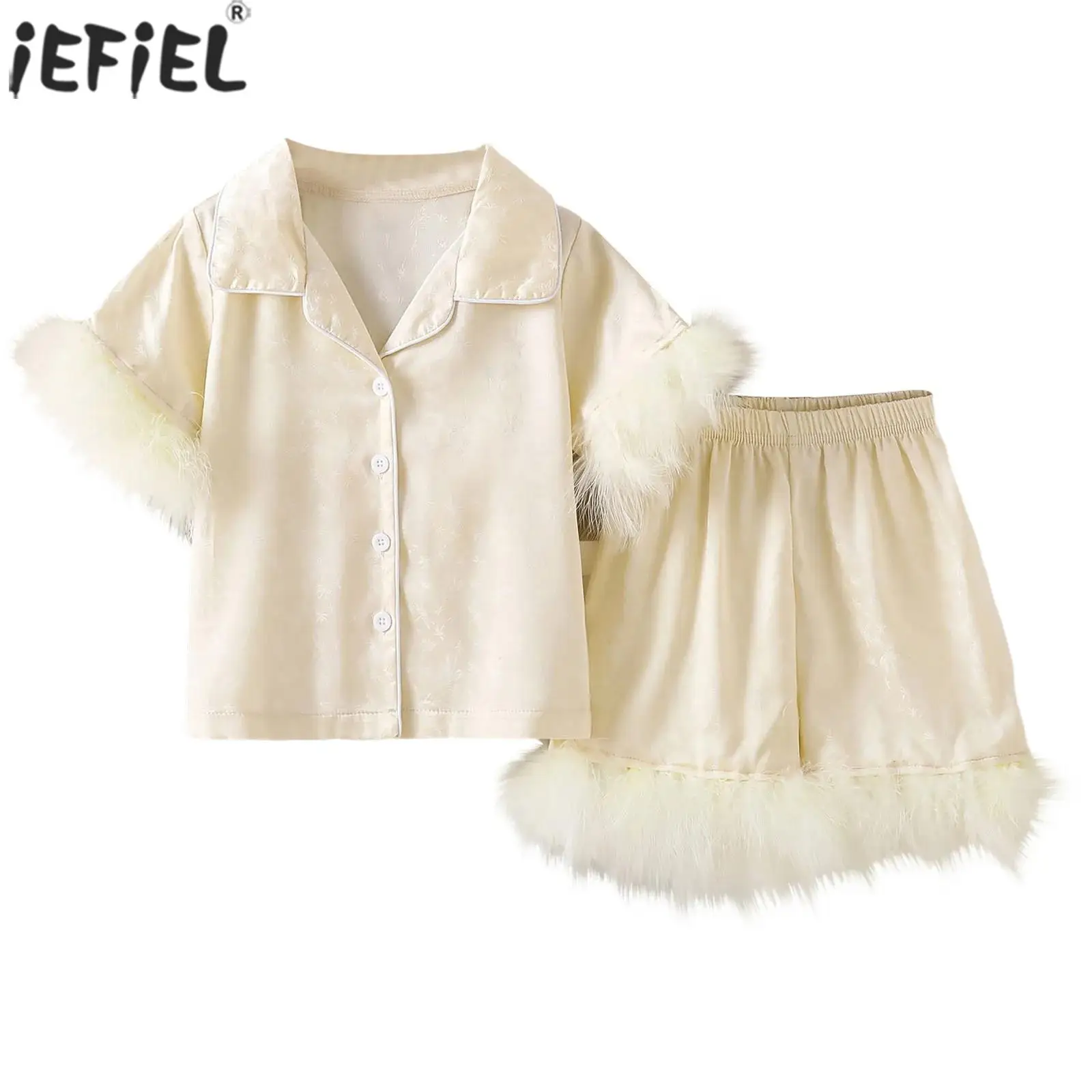 Toddler Baby Girls Satin Pajama Set Short Sleeve Button Feather Trim Jacquard Shirt Tops with Shorts Kids Pajama Party Homewear