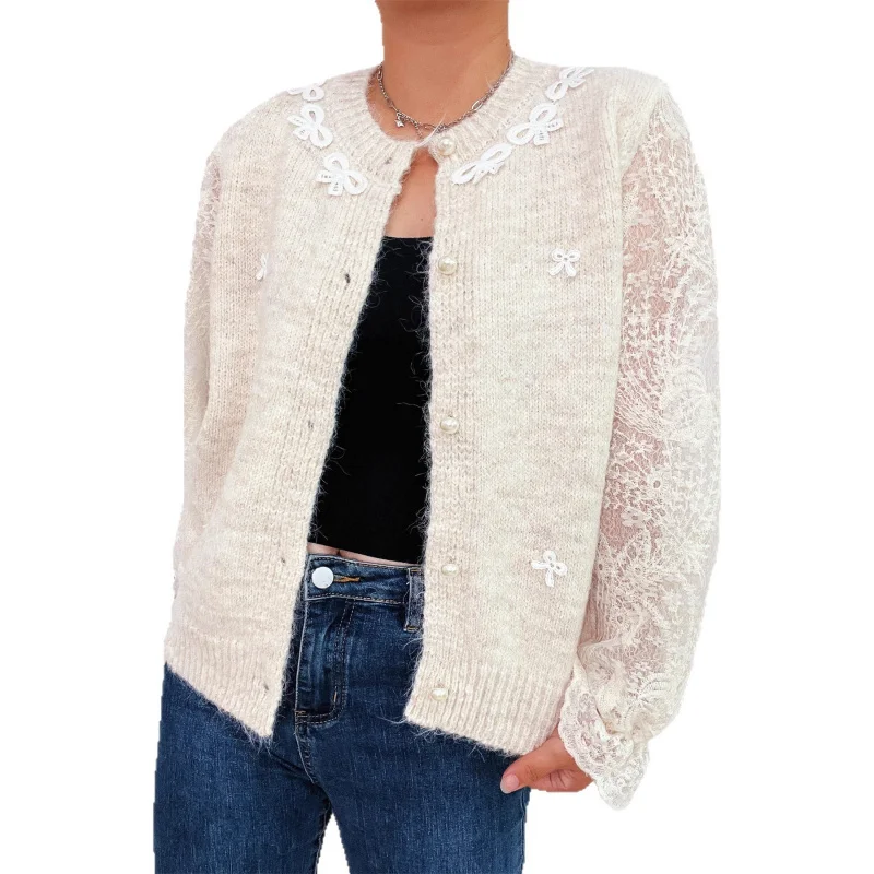 Autumn and Winter Elegant Commuting Lace Sleeve Spliced Bow Knitted Button Sweater Cardigan