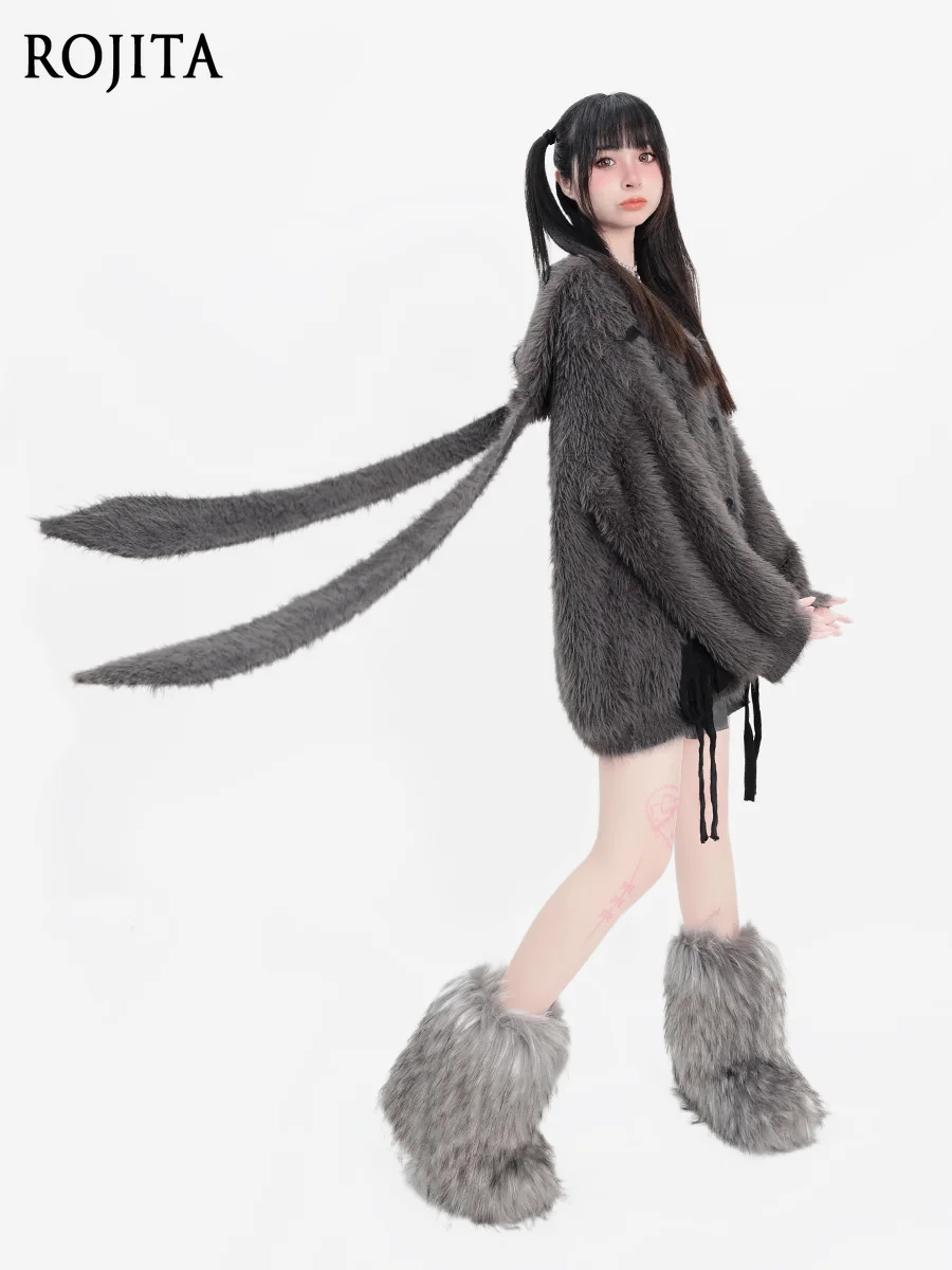 

Rabbit Hooded Cardigan Plush Faux Mink Thick Sweater Loose Single-Breasted Top for Autumn and Winter Cardigan Women