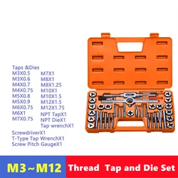 6/8/32/40pcs tap and die set M3-M12, a manual tool set for manual internal and external thread tapping repair