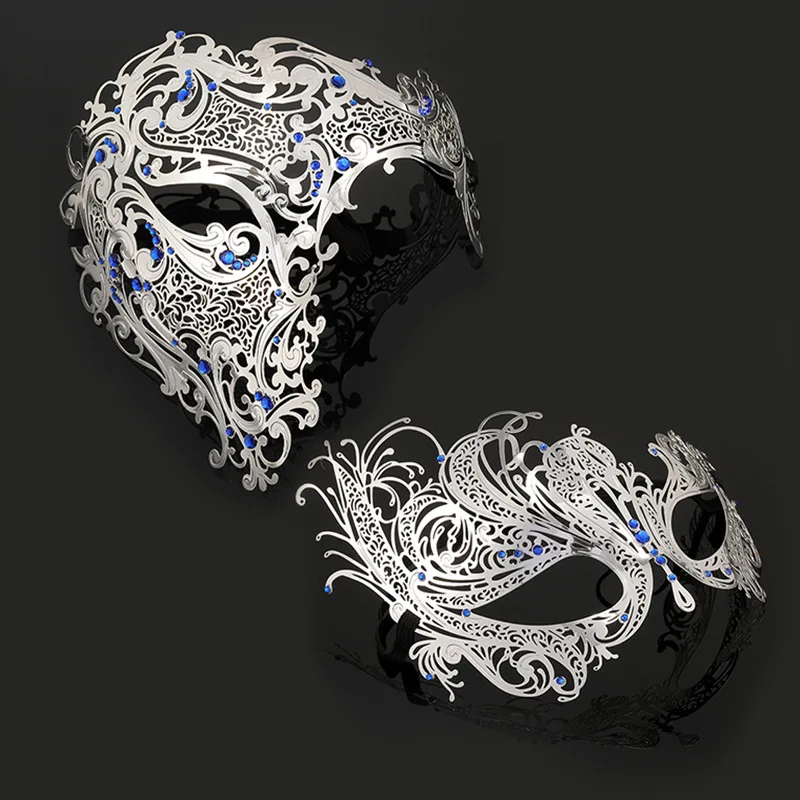 Black Gold Skull Metal Mask Halloween Rhinestone Half Face Venetian Masquerade Men White Women Skull Filigree Party Mask