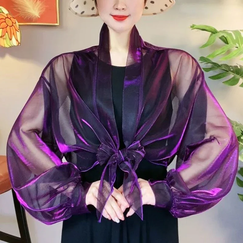 Summer New Thin Simplicity Bandage Vintage Short Blouse Loose All-match Temperament Shirt Tops Casual Fashion Women Clothing