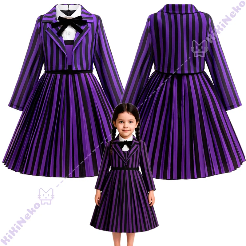 Disfraz de Cosplay de Wednesday2 Enid Sinclair, uniforme de la Academia de hombre lobo Nevermore, rayas moradas, traje de Halloween para niños, chica de fiesta