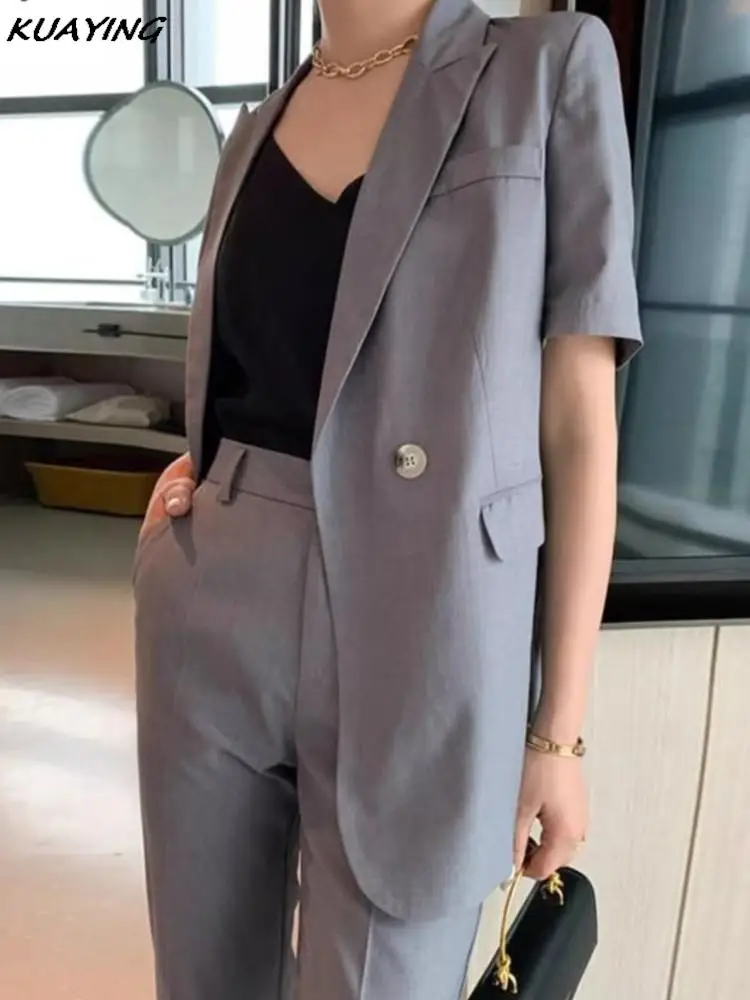 Korean Chic Blazer Pantsuits for Women Fashion Short Sleeved Office Ladies Professional Tops + Pencil Pants Two Piece Sets