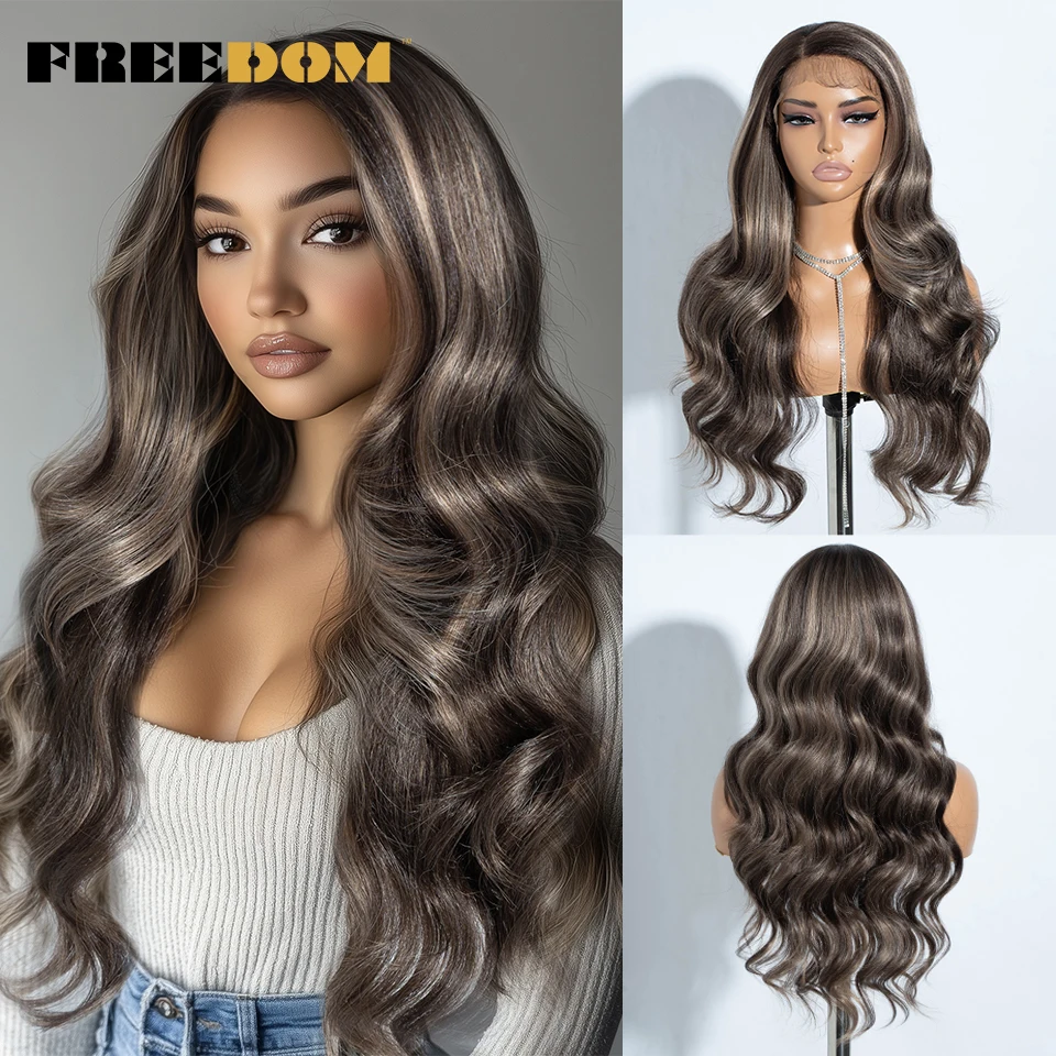 

FREEDOM 13x4 Synthetic Lace Frontal Wigs For Women 26 Inch Long Natural Wavy Lace Wig Ombre Brown Blonde Highlight Cosplay Wig