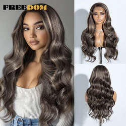 FREEDOM 13x4 Synthetic Lace Frontal Wigs For Women 26 Inch Long Natural Wavy Lace Wig Ombre Brown Blonde Highlight Cosplay Wig