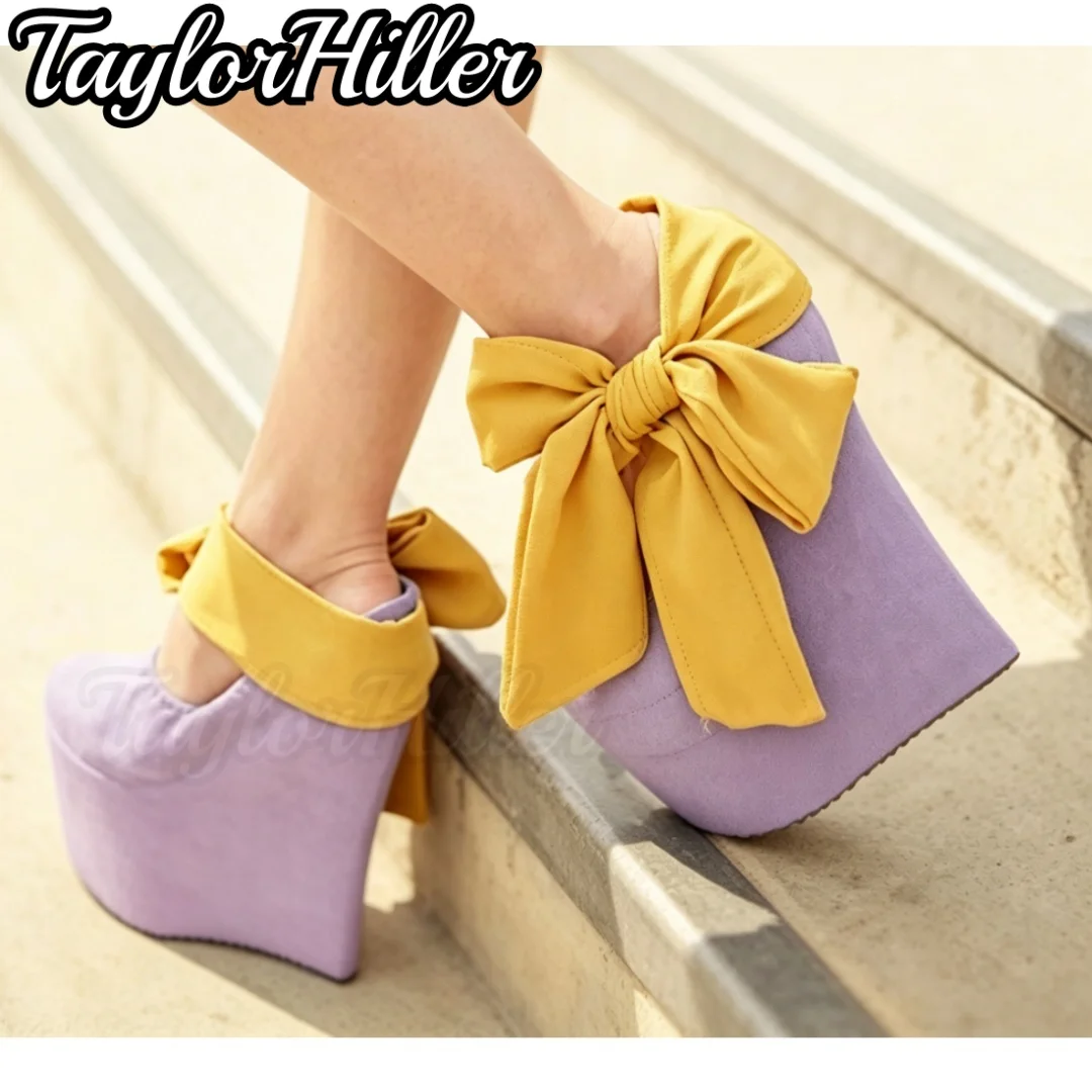 Sandales compensées en satin violet uni à nœud papillon, talons hauts couleur bonbon, pour femme, nouvelle tendance printemps-été 2026, chaussures rouges