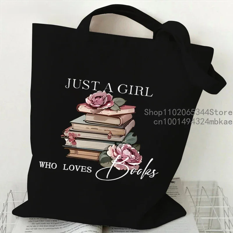 Bolso de mano de lona Just A Girl Who Loves Books, bolso de compras reutilizable para mujer, libros de rosas Vintage, bolsos de hombro para amantes