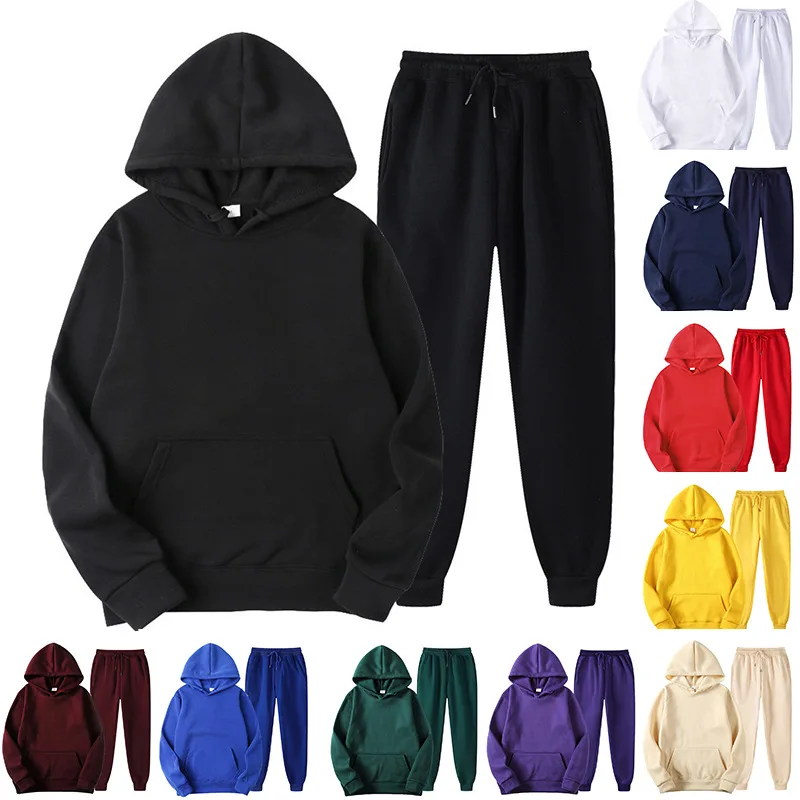 Nieuwe Mannen Pak Hoodie Mode Fleece Sweatshirt Tweedelig Casual Lange Mouw Effen Kleur Hoodie Joggingbroek Set Straatpaar Set