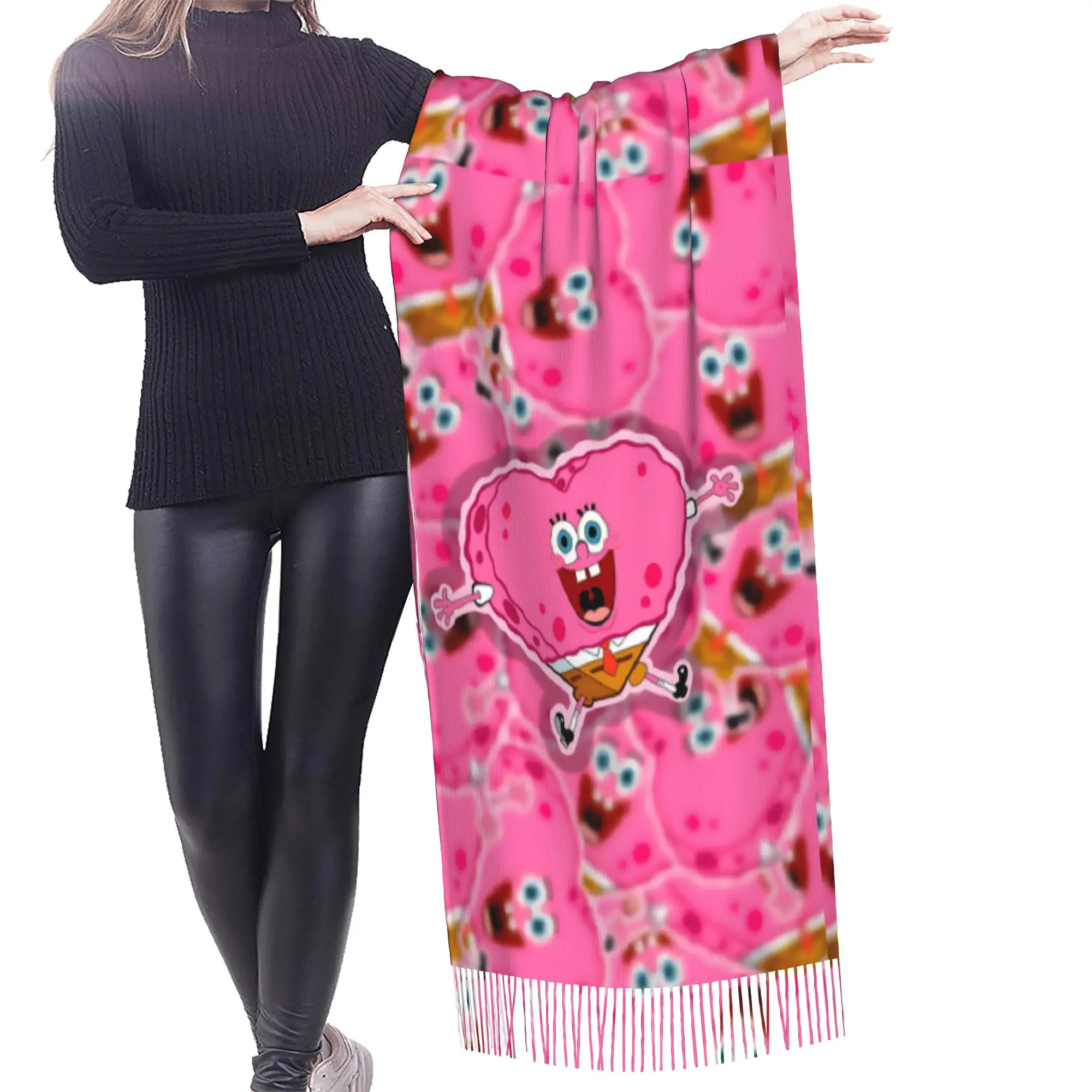 Custom S-Sponges Anime Bobes Scarf Wrap for Women Long Winter Warm Tassel Shawl Unisex Starfish Cartoon Scarves