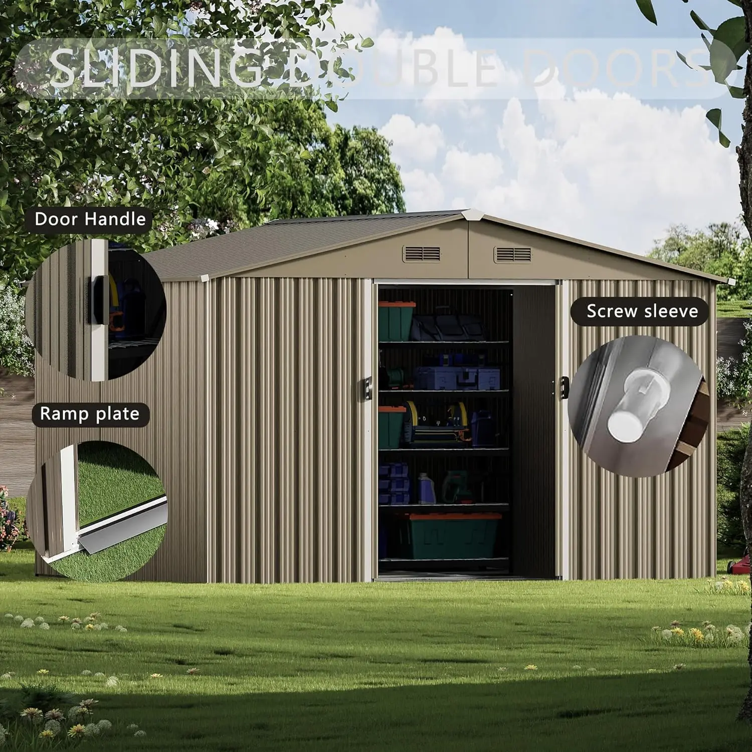 Outdoor Storage shed, Waterproof Lockable Door Metal Tool shed with Sliding Door and Ventilation, Gardening Tool Storage Room