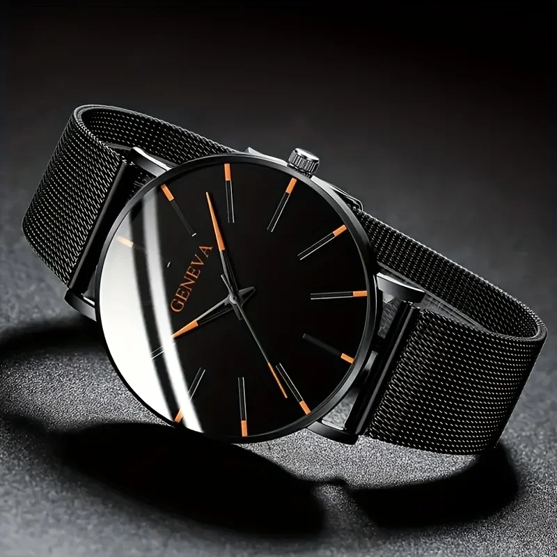 1pc Minimalist Men's Fashion Ultra-thin Stainless Steel Mesh Band Quartz Watch & 1pc Bracelet