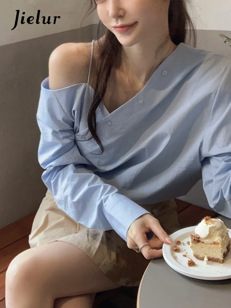 Süße elegante unregelmäßige Frau Bluse neue einfarbige schlanke Frauen Bluse weiß blau lässig lose Mode lang ärmel ige Top weiblich