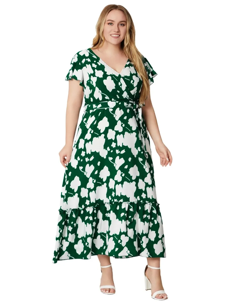 Plus Size Floral Print Short Sleeve Bohemian Casual Dresses For Women