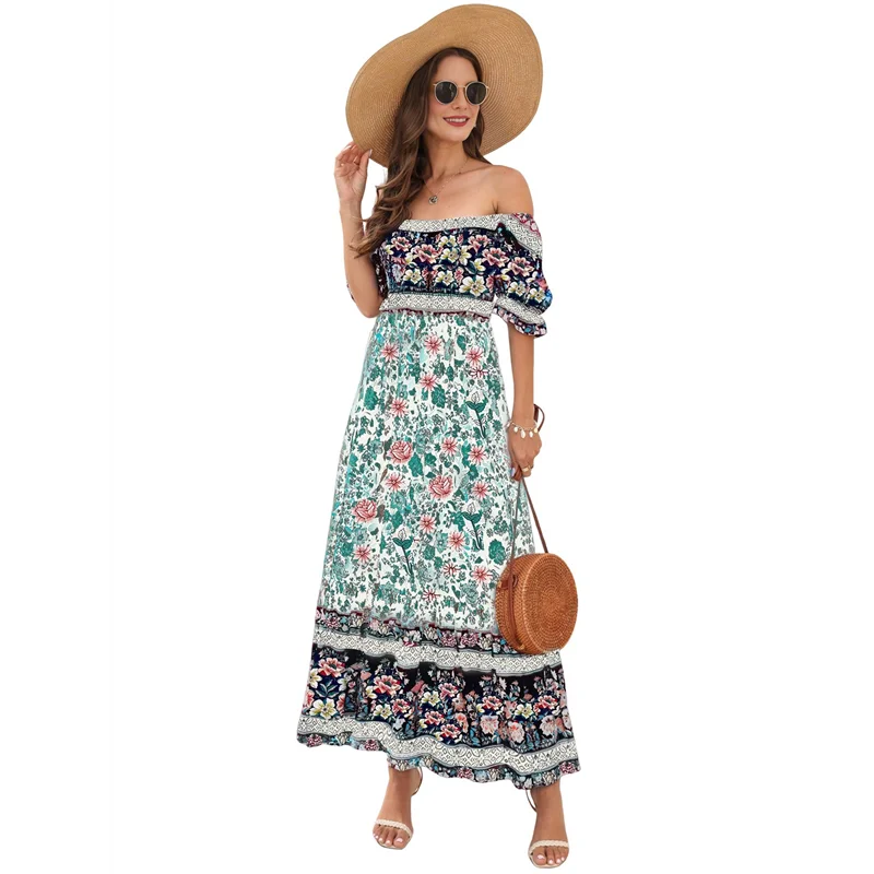 【Decoração de festa】 Vestido feminino verão 2025, ombro de fora, boho, estampa floral, em camadas, casual, fluido, longo, maxi