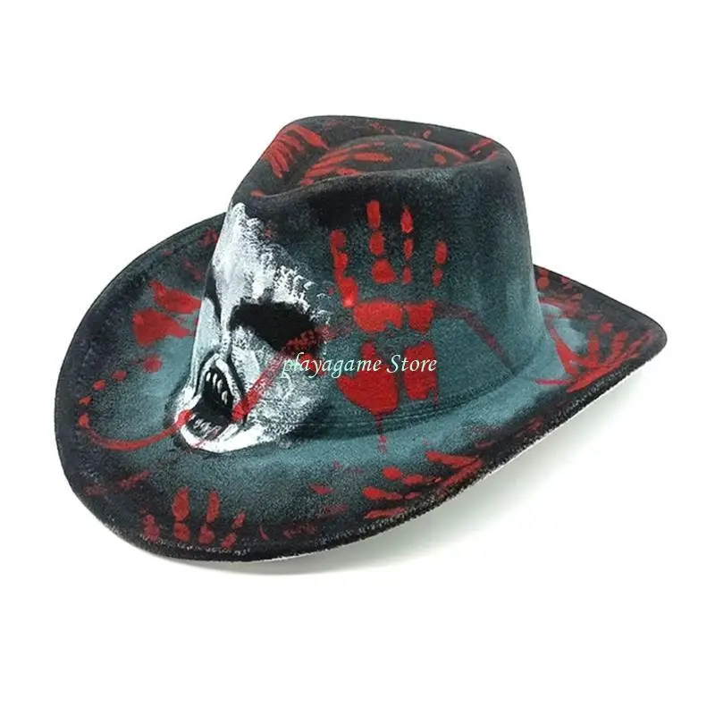 Y88A Stylish Halloween Skull Cowboy Hat Fashionable and Eye-catching Graffiti